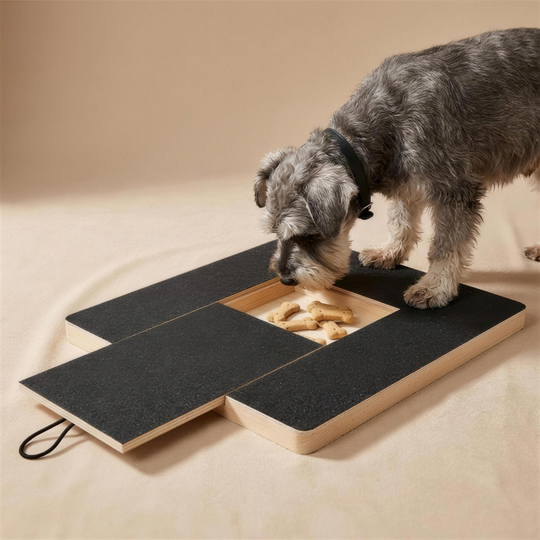 Dog using the Furlette nail scratch board to reach a treat